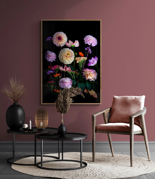 Living room with Dahlias with Achillea Print on the wall, a chair, and decorative items.