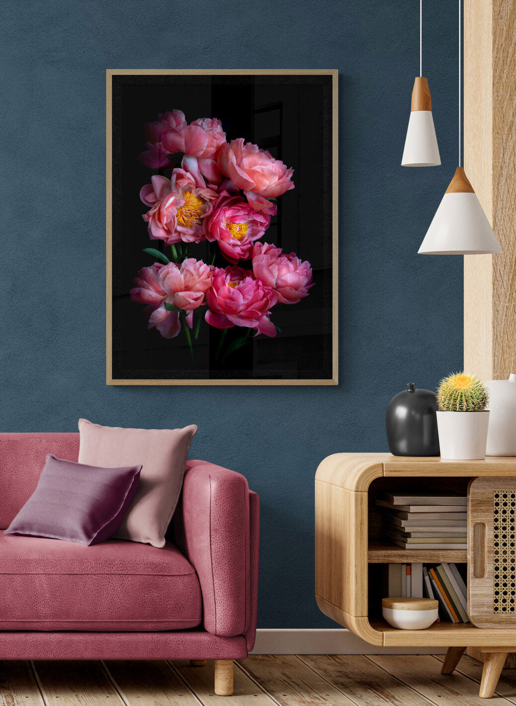 Dark botanical photographic print, A1 size framed, featuring Paeonia 'Coral Sunset' on a black background.