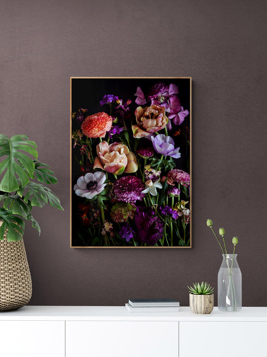 Botanical print featuring Tulips, Ranunculus and Narcissi with a narrow frame on a dark wall created by UK Art Photographer