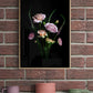 A posy of Koko Loco roses, Achillea, Cosmos and Veronica photographed on a black background and framed and hung on a brick wall.