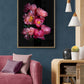 Dark botanical photographic print, A1 size framed, featuring Paeonia 'Coral Sunset' on a black background.