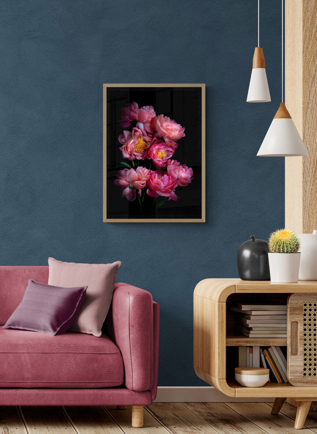 Dark botanical photographic print, A2 size framed, featuring Paeonia 'Coral Sunset' on a black background.