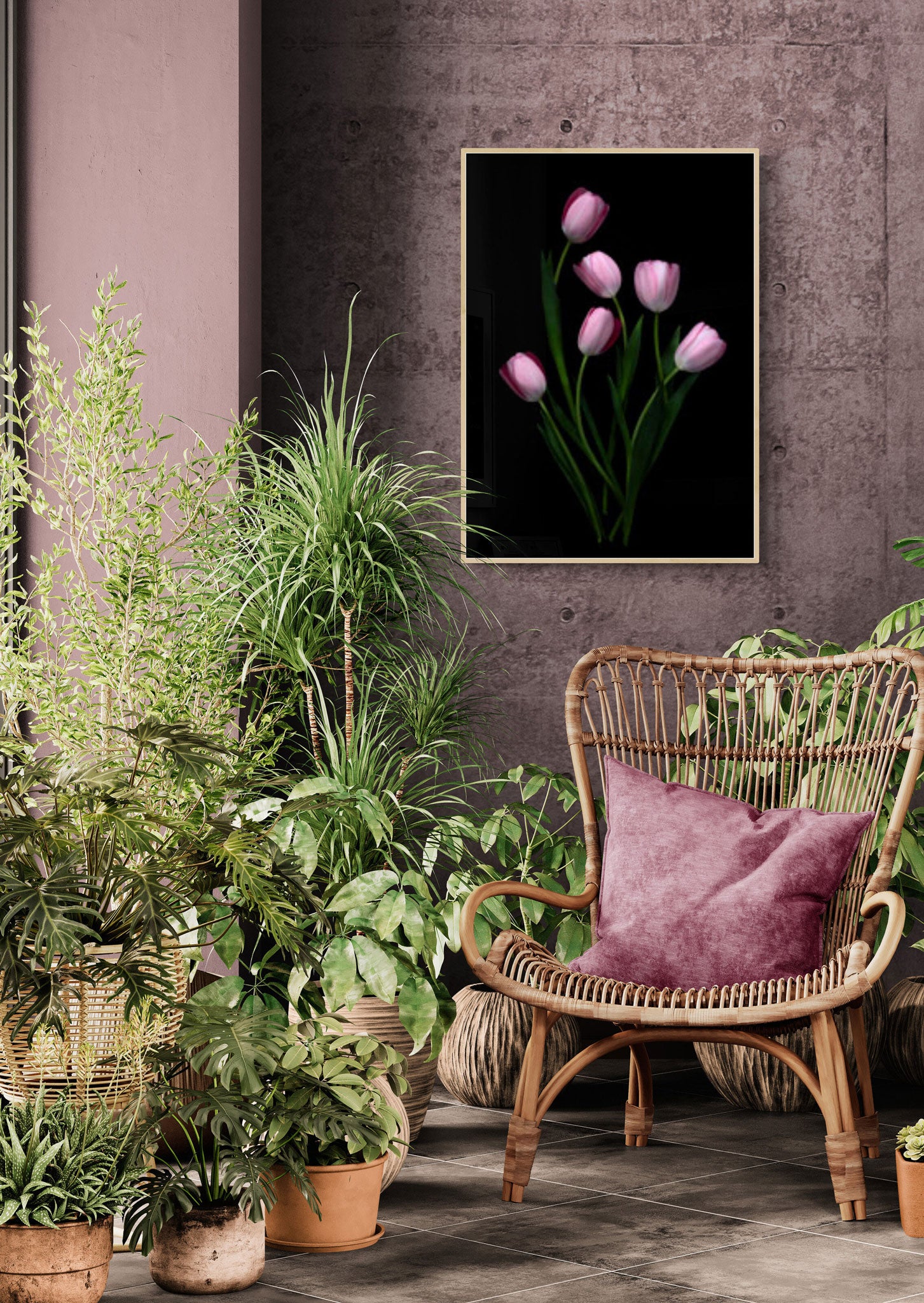 Artwork of pink tulips framed and hanging on a dusky pink wall