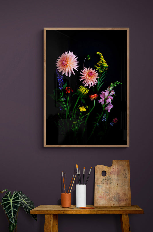 Botanical print of summer flowers, including dahlias on a dark background, framed on a dark plum coloured wall.