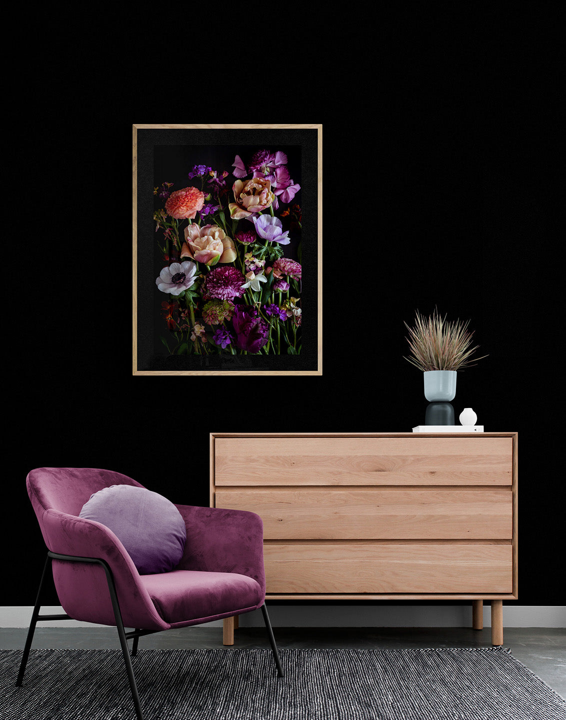 Dark botanical print featuring Tulips, Ranunculus and Narcissi with a narrow frame on a dark wall created by UK Art Photographer