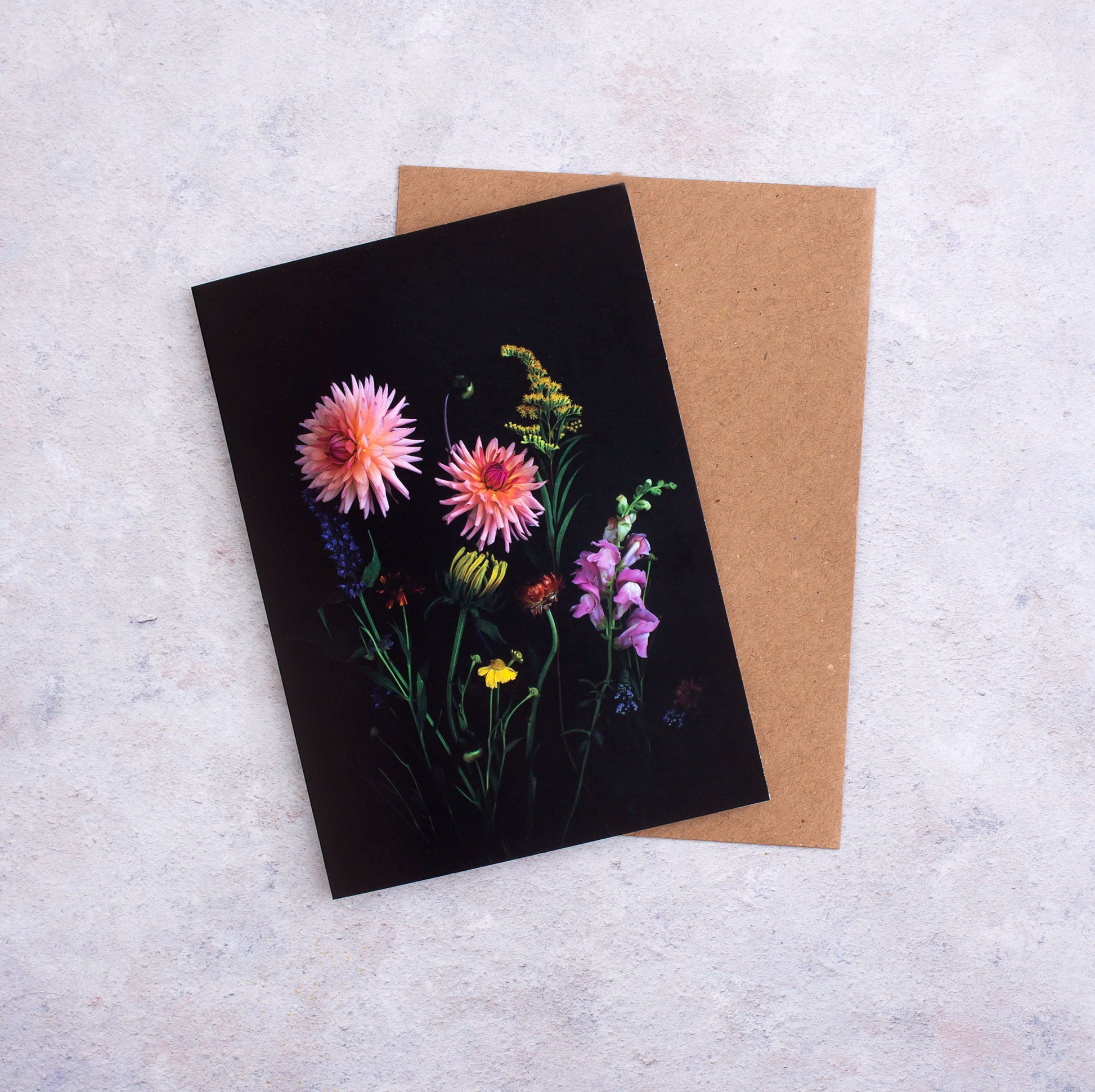 Botanical greeting card with Summer flowers on a black background.