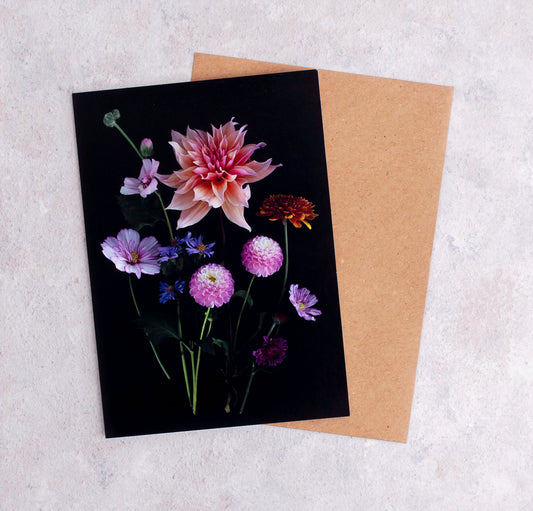 Botanical greeting card with a mixed colour Dahlias and Cosmos on a black background