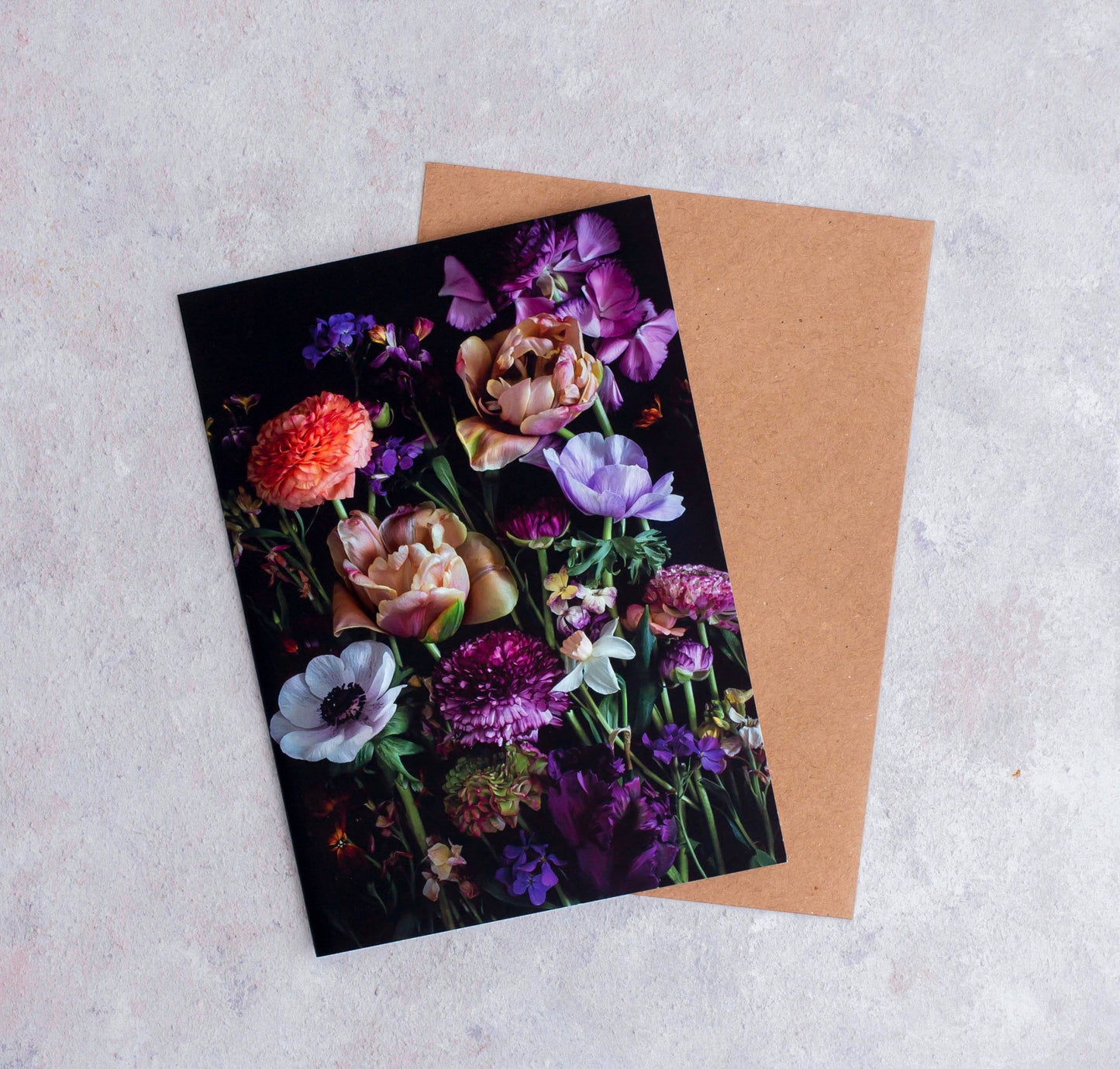 Botanical greeting card with mixed Spring Flowers on a black background