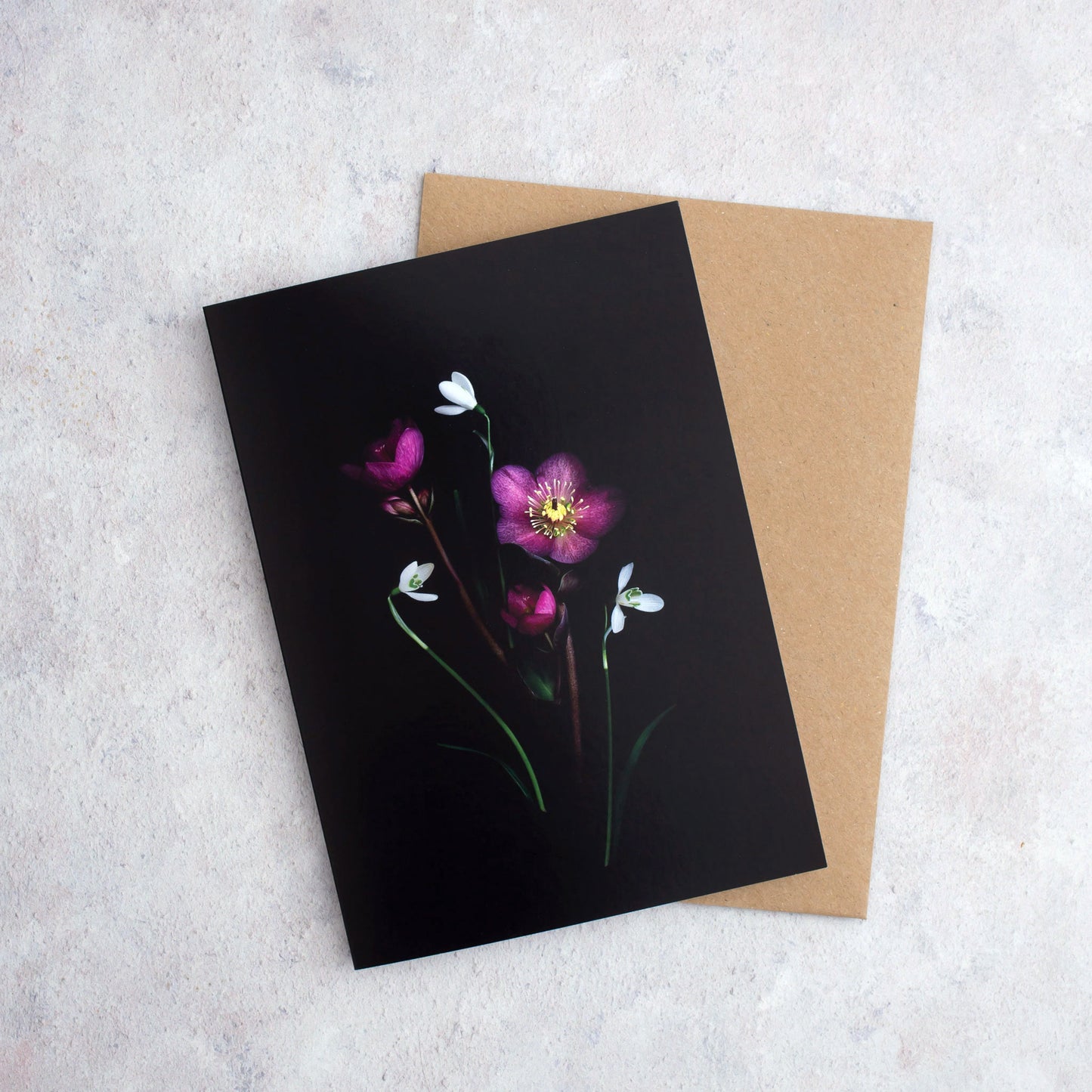 Botanical greeting card featuring  Pink Hellebores and Snowdrops photographed on a black background.
