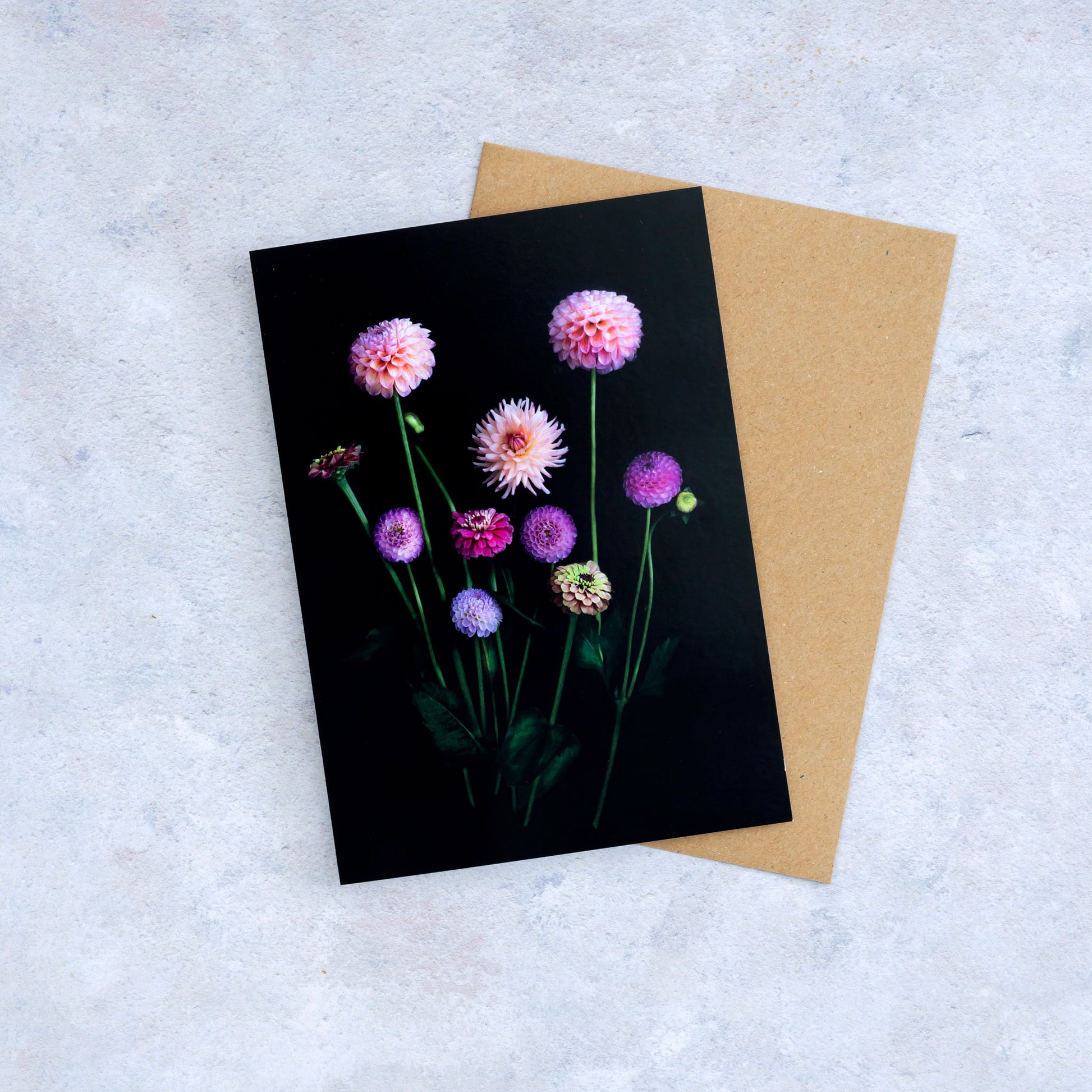 Botanical greeting card with mixed color Dahlias on a dark background.