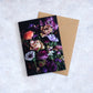 Botanical print greeting card with mixed Spring Flowers photographed on a black background