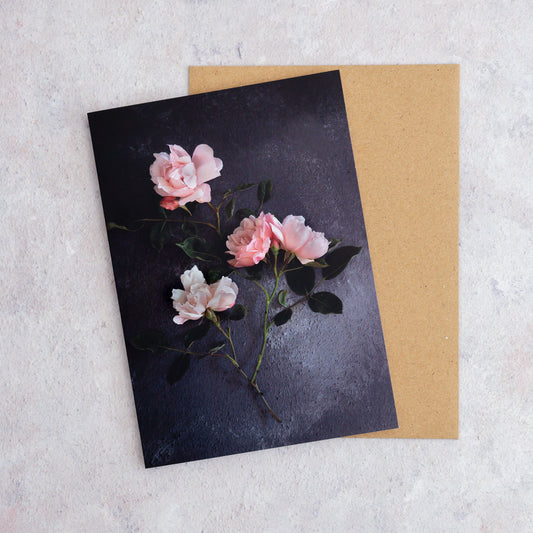 Botanical greeting card with Albertine Roses on a dark grey background