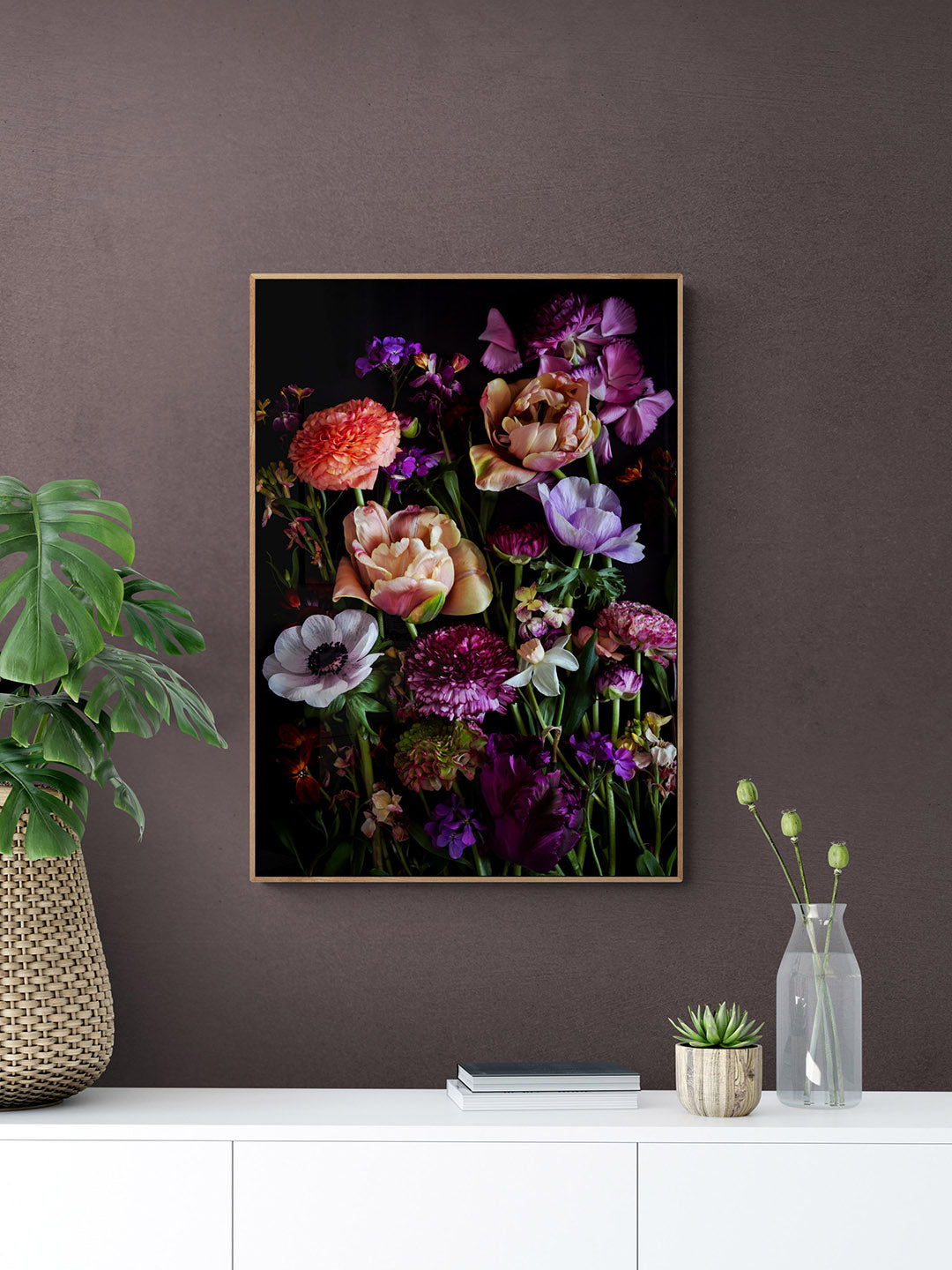 Botanical print featuring Tulips, Ranunculus and Narcissi with a narrow frame  on a dark wall created by UK Art Photographer
