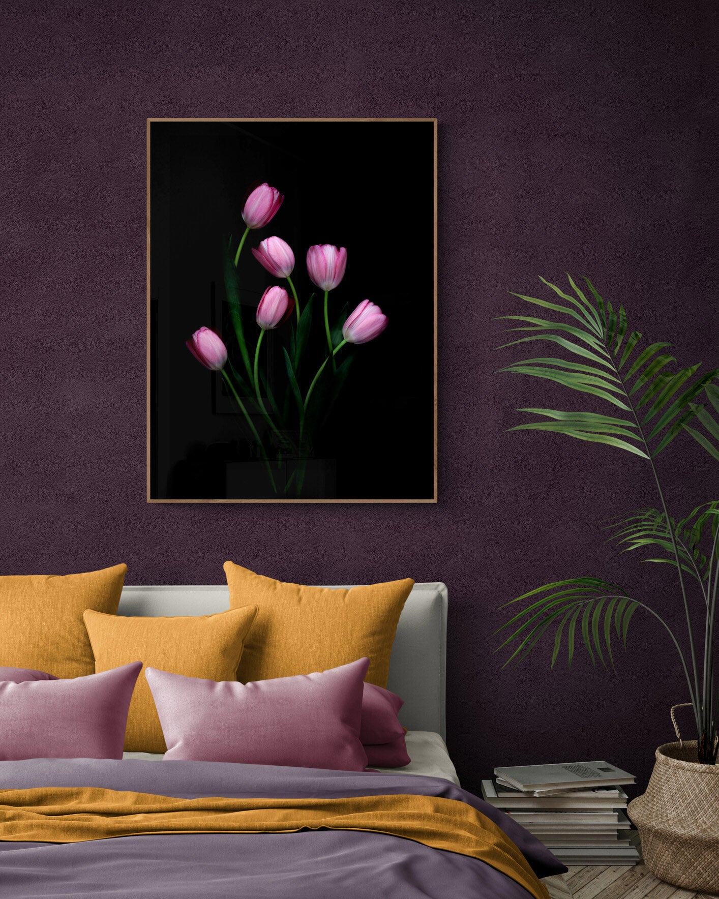 Botanical print of Pink Tulips on a black background, framed on a dark wall.